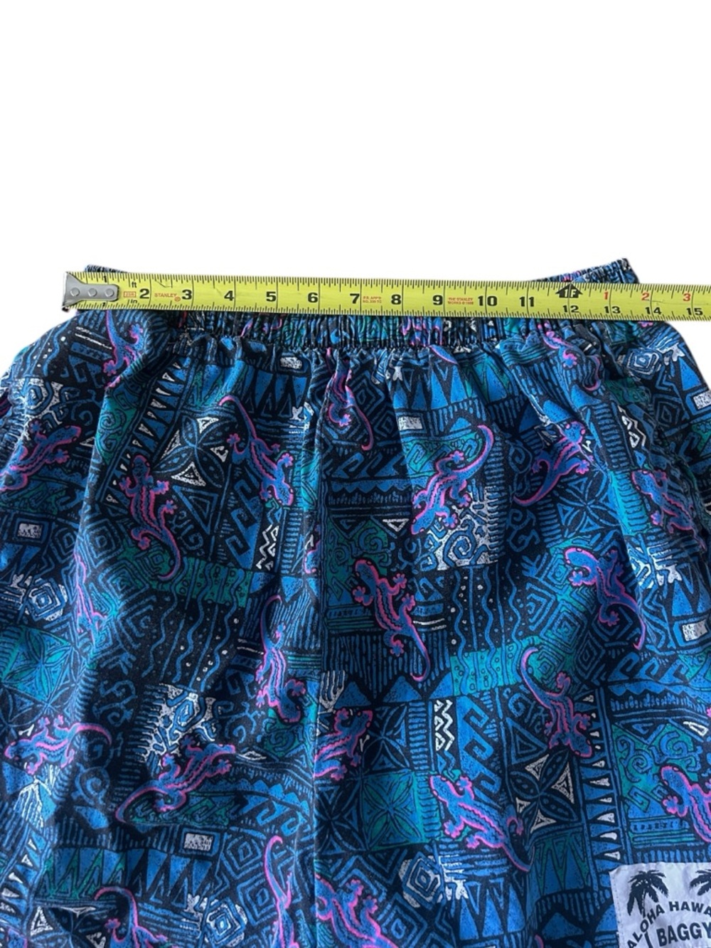 VTG 90'S BLACK BLUE ALOHA HAWAIIAN BAGGY SHORTS GRAPHIC TIKI GECKO PRINT Small - Picture 5 of 7